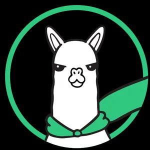 An illustrated alpaca wearing a green scarf, in a green circle