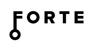 "Forte" in black capitals, with a long descender on the F with a circle on the end